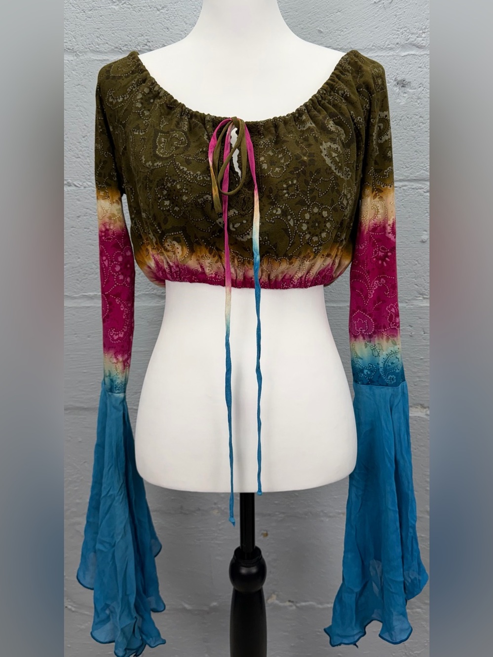Hot Kiss Y2K Women's Boho Tie Dye Bell Sleeve 100% Cotton Crop Top Size Medium